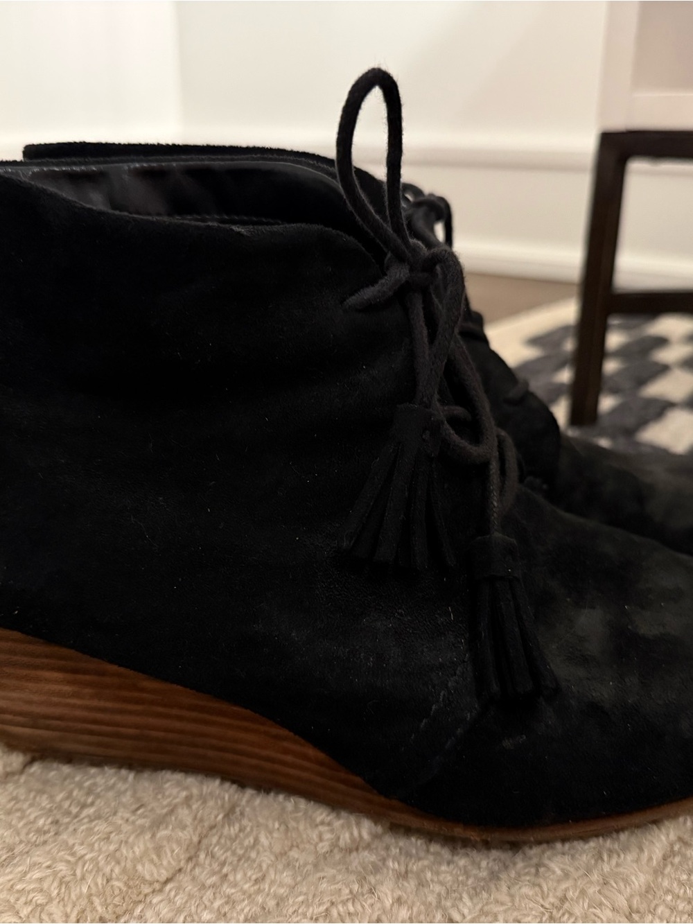 Dr. Scholl's Black Suede Wedge Heel Ankle Booties with Tassel Laces
